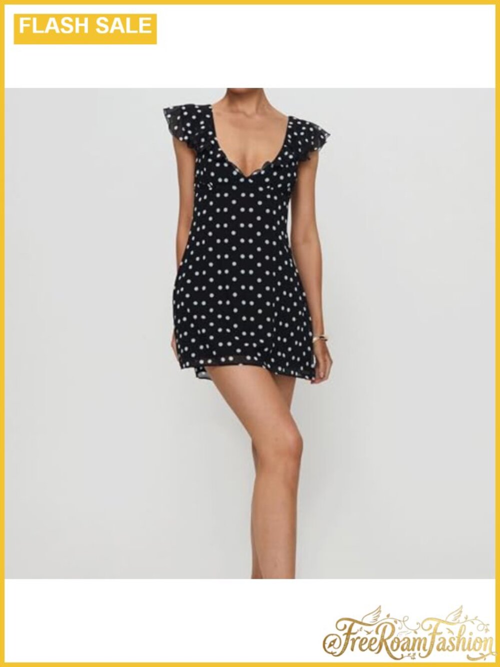 Polka Dot Mini Dress Ruffle Sleeveless V Neck Back Tie Layered Summer Tank - Picture 2 of 4